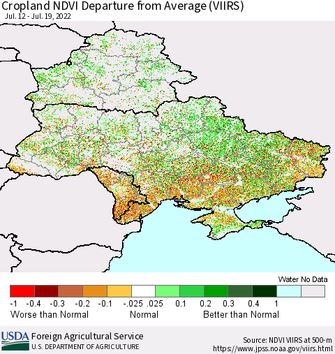 Ukraine, Moldova and Belarus Cropland NDVI Departure from Average (VIIRS) Thematic Map For 7/11/2022 - 7/20/2022