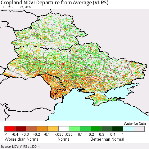 Ukraine, Moldova and Belarus Cropland NDVI Departure from Average (VIIRS) Thematic Map For 7/20/2022 - 7/27/2022
