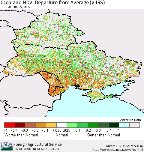 Ukraine, Moldova and Belarus Cropland NDVI Departure from Average (VIIRS) Thematic Map For 7/21/2022 - 7/31/2022