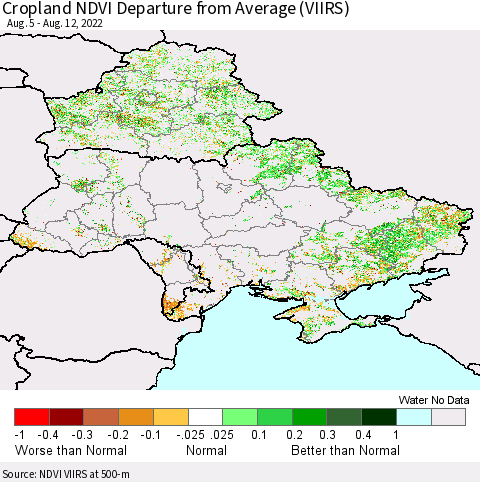 Ukraine, Moldova and Belarus Cropland NDVI Departure from Average (VIIRS) Thematic Map For 8/5/2022 - 8/12/2022