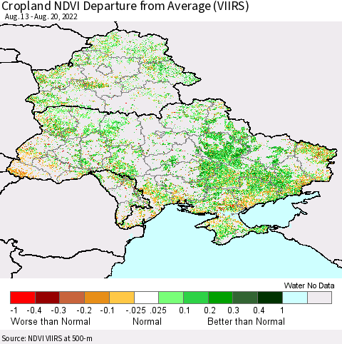 Ukraine, Moldova and Belarus Cropland NDVI Departure from Average (VIIRS) Thematic Map For 8/11/2022 - 8/20/2022