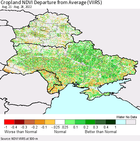 Ukraine, Moldova and Belarus Cropland NDVI Departure from Average (VIIRS) Thematic Map For 8/21/2022 - 8/28/2022