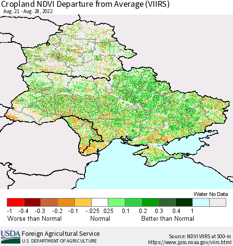 Ukraine, Moldova and Belarus Cropland NDVI Departure from Average (VIIRS) Thematic Map For 8/21/2022 - 8/31/2022