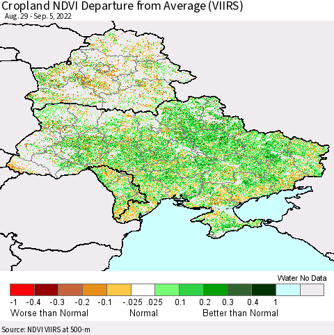 Ukraine, Moldova and Belarus Cropland NDVI Departure from Average (VIIRS) Thematic Map For 8/29/2022 - 9/5/2022