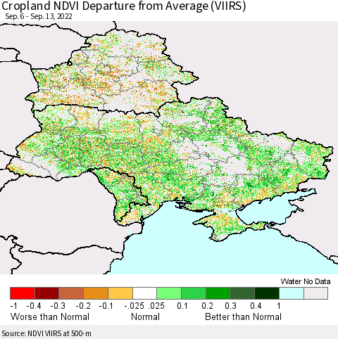 Ukraine, Moldova and Belarus Cropland NDVI Departure from Average (VIIRS) Thematic Map For 9/6/2022 - 9/13/2022