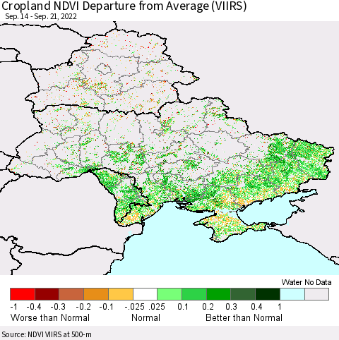 Ukraine, Moldova and Belarus Cropland NDVI Departure from Average (VIIRS) Thematic Map For 9/14/2022 - 9/21/2022