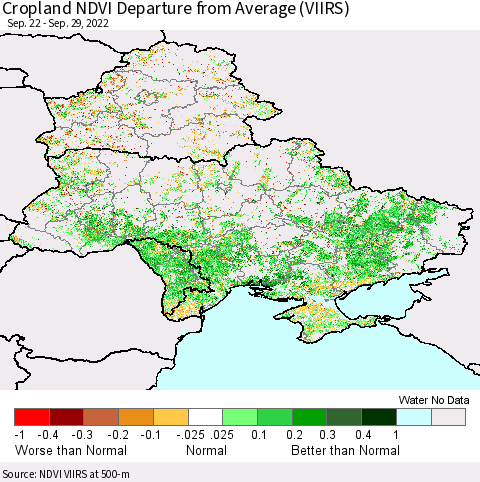 Ukraine, Moldova and Belarus Cropland NDVI Departure from Average (VIIRS) Thematic Map For 9/22/2022 - 9/29/2022