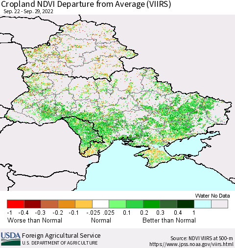 Ukraine, Moldova and Belarus Cropland NDVI Departure from Average (VIIRS) Thematic Map For 9/21/2022 - 9/30/2022