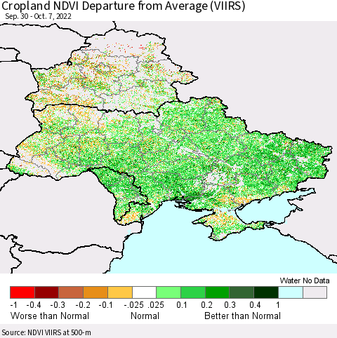 Ukraine, Moldova and Belarus Cropland NDVI Departure from Average (VIIRS) Thematic Map For 9/30/2022 - 10/7/2022