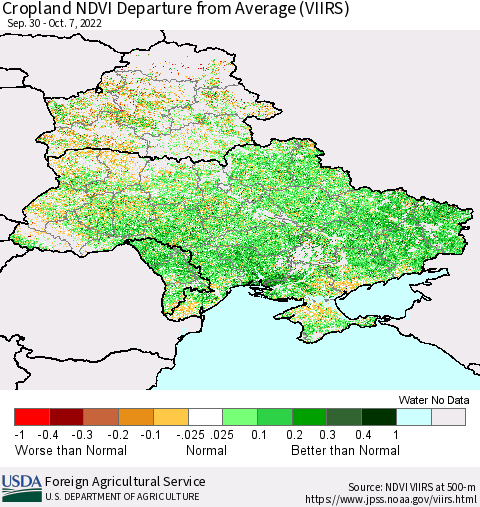 Ukraine, Moldova and Belarus Cropland NDVI Departure from Average (VIIRS) Thematic Map For 10/1/2022 - 10/10/2022