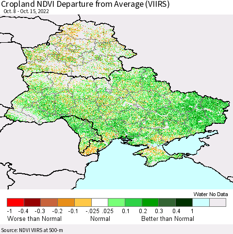 Ukraine, Moldova and Belarus Cropland NDVI Departure from Average (VIIRS) Thematic Map For 10/8/2022 - 10/15/2022