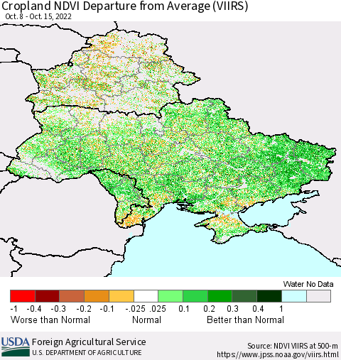 Ukraine, Moldova and Belarus Cropland NDVI Departure from Average (VIIRS) Thematic Map For 10/11/2022 - 10/20/2022