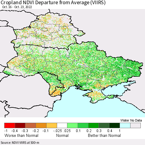 Ukraine, Moldova and Belarus Cropland NDVI Departure from Average (VIIRS) Thematic Map For 10/16/2022 - 10/23/2022