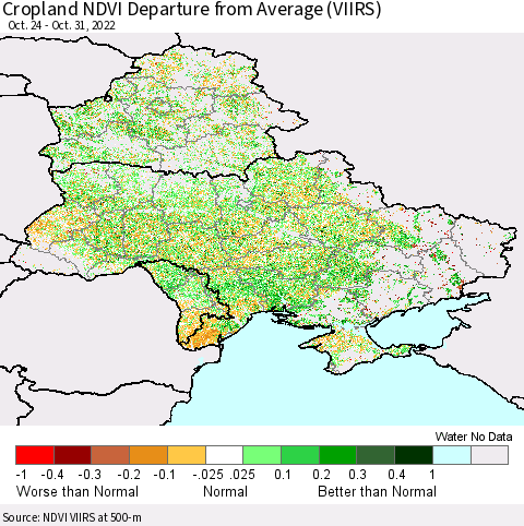 Ukraine, Moldova and Belarus Cropland NDVI Departure from Average (VIIRS) Thematic Map For 10/24/2022 - 10/31/2022