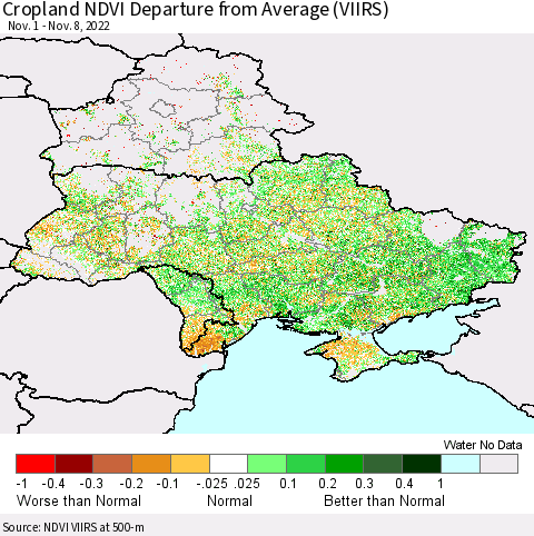 Ukraine, Moldova and Belarus Cropland NDVI Departure from Average (VIIRS) Thematic Map For 11/1/2022 - 11/8/2022