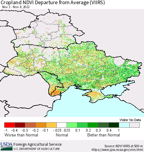 Ukraine, Moldova and Belarus Cropland NDVI Departure from Average (VIIRS) Thematic Map For 11/1/2022 - 11/10/2022