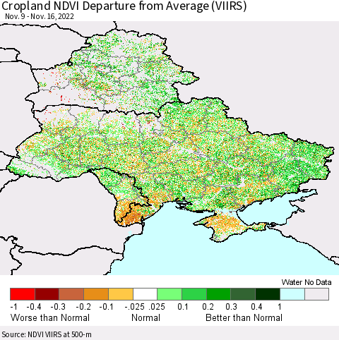 Ukraine, Moldova and Belarus Cropland NDVI Departure from Average (VIIRS) Thematic Map For 11/9/2022 - 11/16/2022