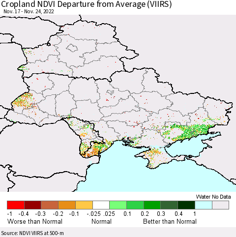 Ukraine, Moldova and Belarus Cropland NDVI Departure from Average (VIIRS) Thematic Map For 11/17/2022 - 11/24/2022