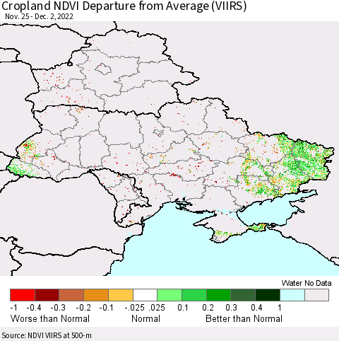 Ukraine, Moldova and Belarus Cropland NDVI Departure from Average (VIIRS) Thematic Map For 11/25/2022 - 12/2/2022