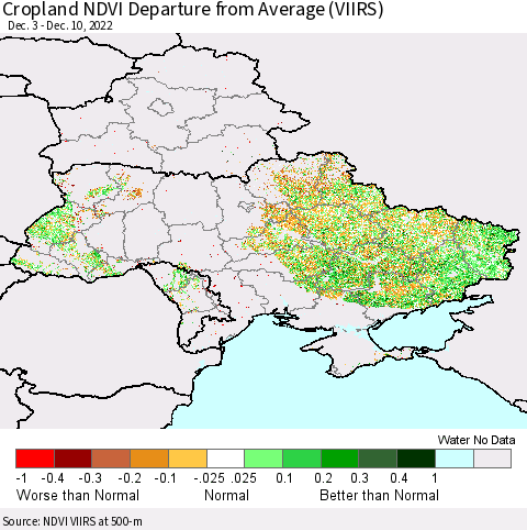 Ukraine, Moldova and Belarus Cropland NDVI Departure from Average (VIIRS) Thematic Map For 12/3/2022 - 12/10/2022