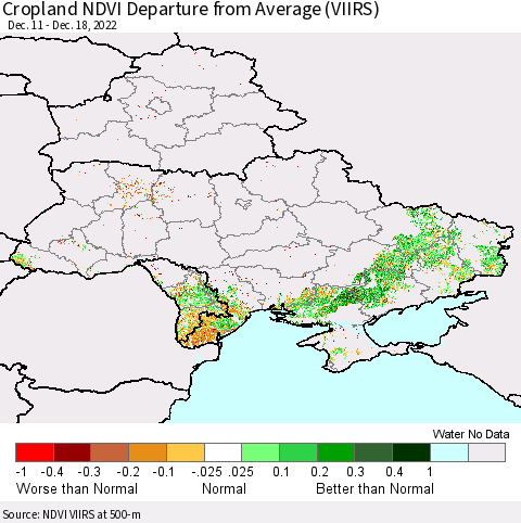 Ukraine, Moldova and Belarus Cropland NDVI Departure from Average (VIIRS) Thematic Map For 12/11/2022 - 12/18/2022