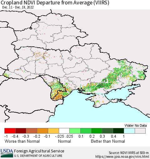 Ukraine, Moldova and Belarus Cropland NDVI Departure from Average (VIIRS) Thematic Map For 12/11/2022 - 12/20/2022