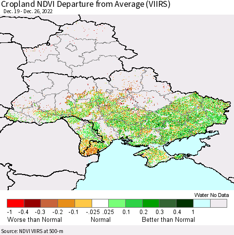 Ukraine, Moldova and Belarus Cropland NDVI Departure from Average (VIIRS) Thematic Map For 12/19/2022 - 12/26/2022