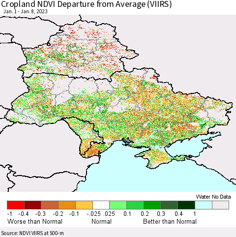 Ukraine, Moldova and Belarus Cropland NDVI Departure from Average (VIIRS) Thematic Map For 1/1/2023 - 1/8/2023