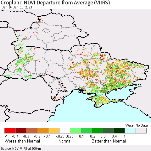 Ukraine, Moldova and Belarus Cropland NDVI Departure from Average (VIIRS) Thematic Map For 1/9/2023 - 1/16/2023
