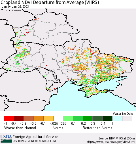 Ukraine, Moldova and Belarus Cropland NDVI Departure from Average (VIIRS) Thematic Map For 1/11/2023 - 1/20/2023