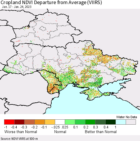 Ukraine, Moldova and Belarus Cropland NDVI Departure from Average (VIIRS) Thematic Map For 1/17/2023 - 1/24/2023