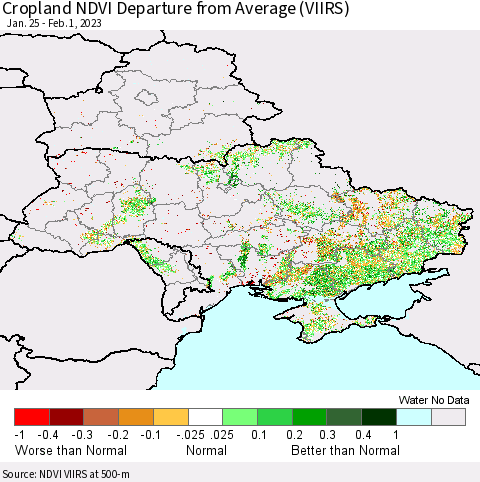 Ukraine, Moldova and Belarus Cropland NDVI Departure from Average (VIIRS) Thematic Map For 1/25/2023 - 2/1/2023