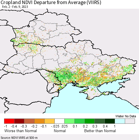 Ukraine, Moldova and Belarus Cropland NDVI Departure from Average (VIIRS) Thematic Map For 2/2/2023 - 2/9/2023