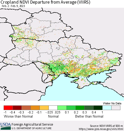 Ukraine, Moldova and Belarus Cropland NDVI Departure from Average (VIIRS) Thematic Map For 2/1/2023 - 2/10/2023
