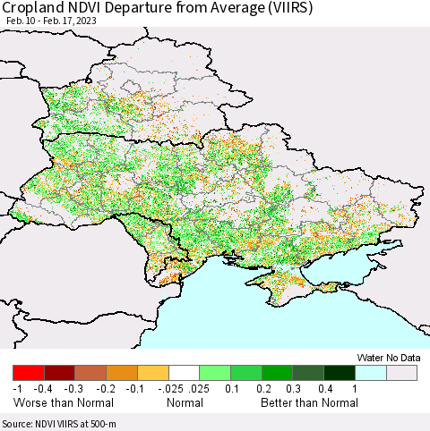 Ukraine, Moldova and Belarus Cropland NDVI Departure from Average (VIIRS) Thematic Map For 2/10/2023 - 2/17/2023