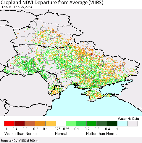 Ukraine, Moldova and Belarus Cropland NDVI Departure from Average (VIIRS) Thematic Map For 2/18/2023 - 2/25/2023