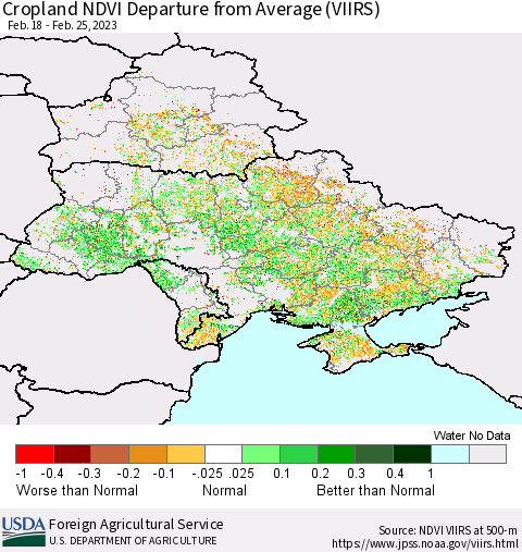 Ukraine, Moldova and Belarus Cropland NDVI Departure from Average (VIIRS) Thematic Map For 2/21/2023 - 2/28/2023