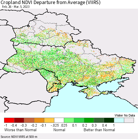 Ukraine, Moldova and Belarus Cropland NDVI Departure from Average (VIIRS) Thematic Map For 2/26/2023 - 3/5/2023