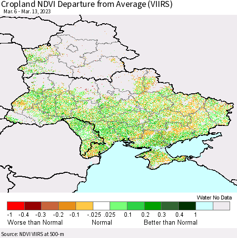 Ukraine, Moldova and Belarus Cropland NDVI Departure from Average (VIIRS) Thematic Map For 3/6/2023 - 3/13/2023