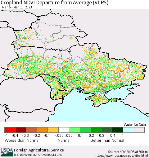 Ukraine, Moldova and Belarus Cropland NDVI Departure from Average (VIIRS) Thematic Map For 3/11/2023 - 3/20/2023