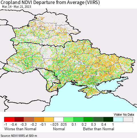Ukraine, Moldova and Belarus Cropland NDVI Departure from Average (VIIRS) Thematic Map For 3/14/2023 - 3/21/2023