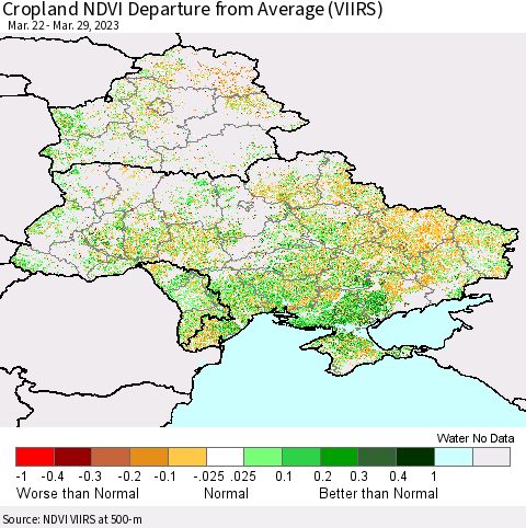 Ukraine, Moldova and Belarus Cropland NDVI Departure from Average (VIIRS) Thematic Map For 3/22/2023 - 3/29/2023