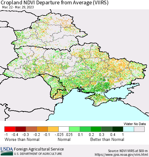 Ukraine, Moldova and Belarus Cropland NDVI Departure from Average (VIIRS) Thematic Map For 3/21/2023 - 3/31/2023
