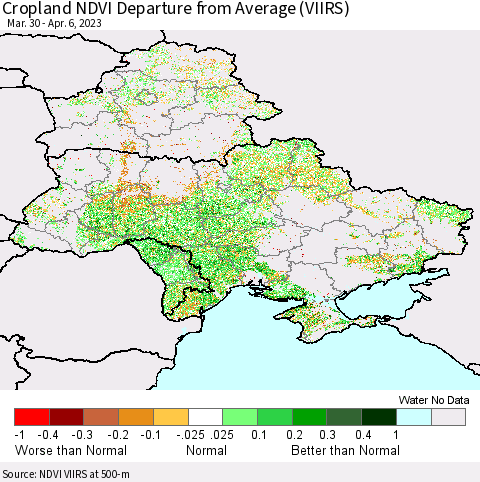 Ukraine, Moldova and Belarus Cropland NDVI Departure from Average (VIIRS) Thematic Map For 3/30/2023 - 4/6/2023