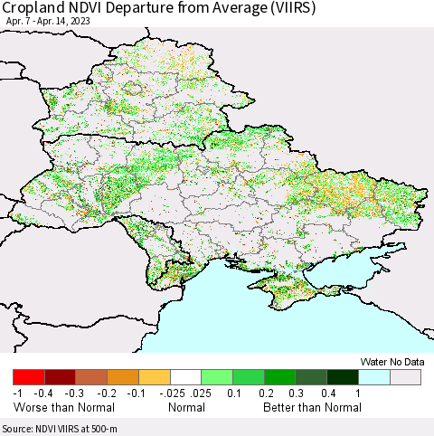 Ukraine, Moldova and Belarus Cropland NDVI Departure from Average (VIIRS) Thematic Map For 4/7/2023 - 4/14/2023