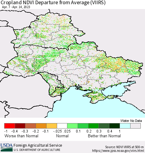 Ukraine, Moldova and Belarus Cropland NDVI Departure from Average (VIIRS) Thematic Map For 4/11/2023 - 4/20/2023