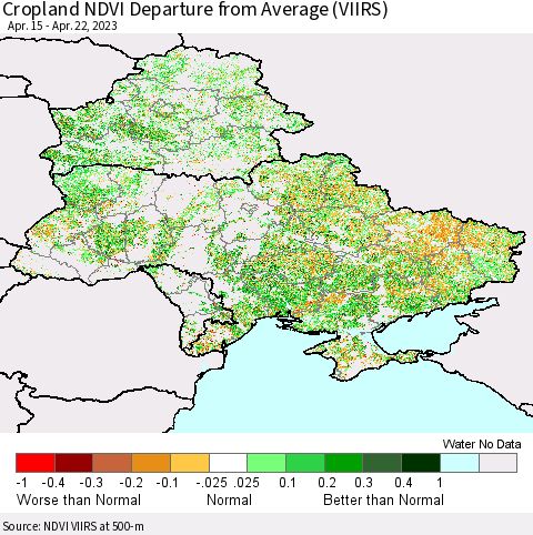 Ukraine, Moldova and Belarus Cropland NDVI Departure from Average (VIIRS) Thematic Map For 4/15/2023 - 4/22/2023