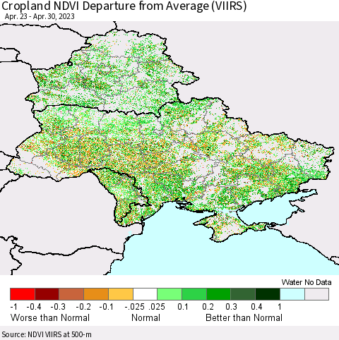 Ukraine, Moldova and Belarus Cropland NDVI Departure from Average (VIIRS) Thematic Map For 4/21/2023 - 4/30/2023