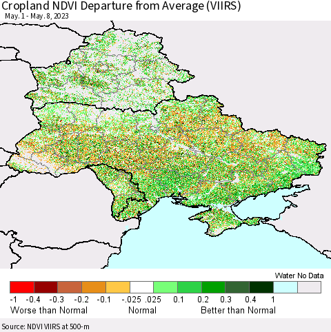 Ukraine, Moldova and Belarus Cropland NDVI Departure from Average (VIIRS) Thematic Map For 5/1/2023 - 5/8/2023