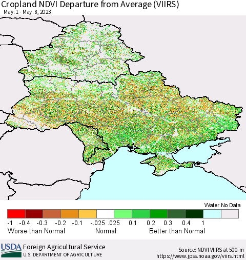 Ukraine, Moldova and Belarus Cropland NDVI Departure from Average (VIIRS) Thematic Map For 5/1/2023 - 5/10/2023